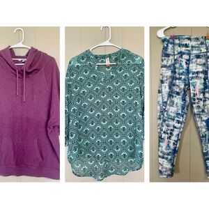 Purple Hoodie, Green Patterned Top, and Multicolor Leggings